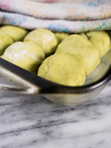 Cover Matcha Hot cross bun dough inside 9 inch baking pan to proof