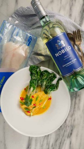 MSC label Thai poached cod with nobilo wine